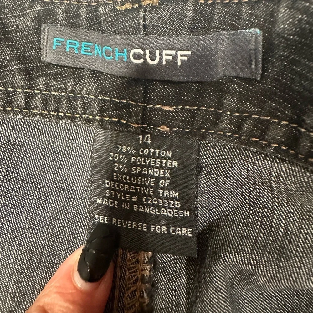French Cuff Denim Mini Skirt Dark Wash Rhinestone Embellished Pleated Hem